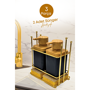 Ahşap Desenli Altın Gold Metal Standlı Bulaşık Deterjanı Sıvı Sabunluk Mutfak Seti-sünger