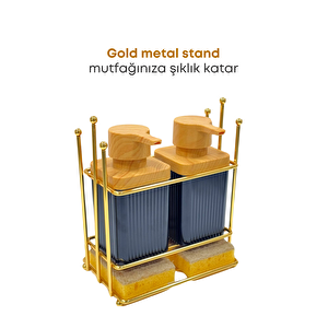 Ahşap Desenli Altın Gold Metal Standlı Bulaşık Deterjanı Sıvı Sabunluk Mutfak Seti-sünger