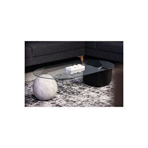 Top Sehpa & Küre Sehpa Oval Cam Orta Sehpa - Krem Traverten Desen & Siyah Zar
