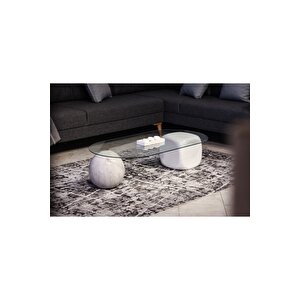 Top Sehpa & Küre Sehpa Oval Cam Orta Sehpa - Krem Traverten Desen & Beyaz Zar