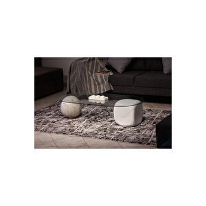 Top Sehpa & Küre Sehpa Oval Cam Orta Sehpa - Krem Traverten Desen & Beyaz Zar