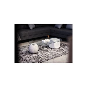 Top Sehpa & Küre Sehpa Oval Cam Orta Sehpa - Krem Traverten Desen & Beyaz Zar