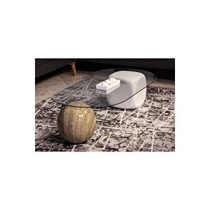 Top Sehpa & Küre Sehpa Oval Cam Orta Sehpa - Traverten Mermer Desen & Beyaz Zar