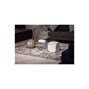 Top Sehpa & Küre Sehpa Oval Cam Orta Sehpa - Traverten Mermer Desen & Beyaz Zar