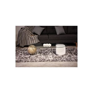 Top Sehpa & Küre Sehpa Oval Cam Orta Sehpa - Traverten Mermer Desen & Beyaz Zar