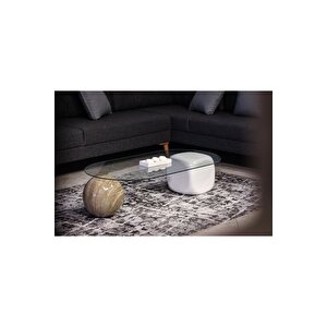 Top Sehpa & Küre Sehpa Oval Cam Orta Sehpa - Traverten Mermer Desen & Beyaz Zar