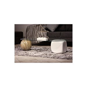 Top Sehpa & Küre Sehpa Oval Cam Orta Sehpa - Traverten Mermer Desen & Beyaz Zar