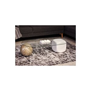 Top Sehpa & Küre Sehpa Oval Cam Orta Sehpa - Traverten Mermer Desen & Beyaz Zar