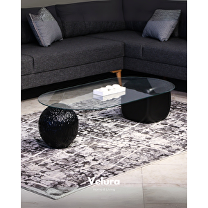 Top Sehpa & Küre Sehpa Oval Cam Orta Sehpa - Siyah Desenli & Siyah Zar