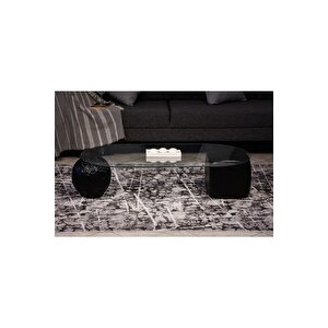Top Sehpa & Küre Sehpa Oval Cam Orta Sehpa - Siyah Desenli & Siyah Zar