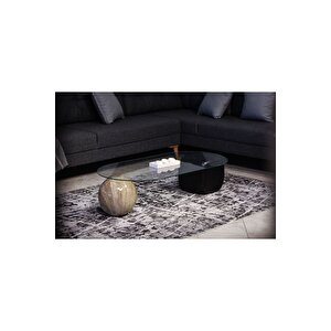Top Sehpa & Küre Sehpa Oval Cam Orta Sehpa - Traverten Mermer Desen & Siyah Zar