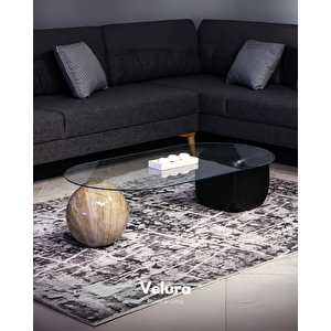 Top Sehpa & Küre Sehpa Oval Cam Orta Sehpa - Traverten Mermer Desen & Siyah Zar