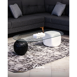 Top Sehpa & Küre Sehpa Oval Cam Orta Sehpa - Siyah Desenli & Beyaz Zar