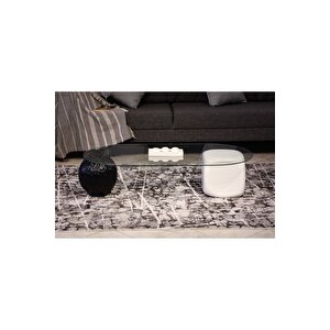 Top Sehpa & Küre Sehpa Oval Cam Orta Sehpa - Siyah Desenli & Beyaz Zar