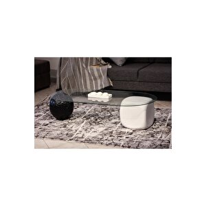 Top Sehpa & Küre Sehpa Oval Cam Orta Sehpa - Siyah Desenli & Beyaz Zar