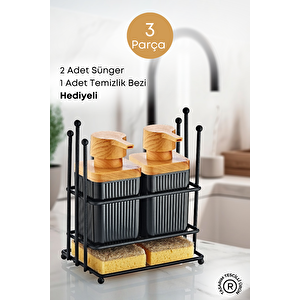 Metal Standlı Ahşap Desenli Sıvı Sabunluk Mutfak Banyo Seti-sünger Ve Bez Hediyeli