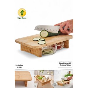 Standlı Bambu Doğrama Tahtası Ayaklı Sunumluk Tezgahüstü Kesme Tahtası Büyük Boy Kesim Panosu 36x22