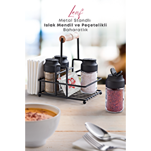 Metal Standlı Peçetelikli Islak Mendil Bölmeli 4'lü Çift Kapaklı Cam Restoran Kafe Baharatlık Seti