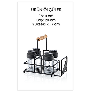 Metal Standlı Peçetelikli Islak Mendil Bölmeli 4'lü Çift Kapaklı Cam Restoran Kafe Baharatlık Seti