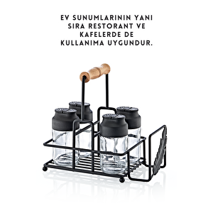 Metal Standlı Peçetelikli Islak Mendil Bölmeli 4'lü Çift Kapaklı Cam Restoran Kafe Baharatlık Seti