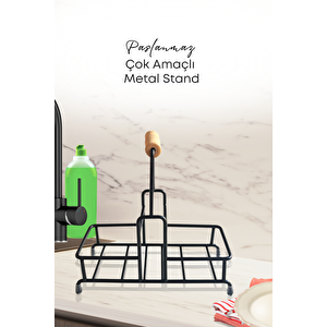 2 Bölmeli Çok Amaçlı Ahşap Kulplu Metal Stand Banyo Düzenleyici Organizer
