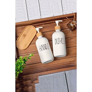2’li Hands Dishes Soft Beyaz Dekoratif Mutfak Banyo Sıvı Cam Sabunluk Seti 500ml Bambu Stantlı Set