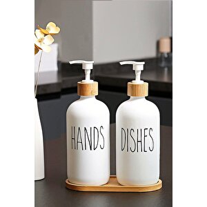 2’li Hands Dishes Soft Beyaz Dekoratif Mutfak Banyo Sıvı Cam Sabunluk Seti 500ml Bambu Stantlı Set