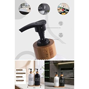 2’li Hands Dishes Soft Beyaz Dekoratif Mutfak Banyo Sıvı Cam Sabunluk Seti 500ml Bambu Stantlı Set