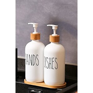 2’li Hands Dishes Soft Beyaz Dekoratif Mutfak Banyo Sıvı Cam Sabunluk Seti 500ml Bambu Stantlı Set