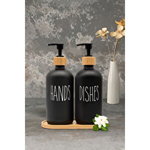 2’li Hands Dishes Soft Siyah Dekoratif Mutfak Banyo Sıvı Cam Sabunluk Seti 500ml Bambu Stantlı Set