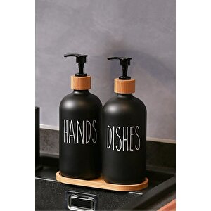 2’li Hands Dishes Soft Siyah Dekoratif Mutfak Banyo Sıvı Cam Sabunluk Seti 500ml Bambu Stantlı Set