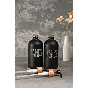 2’li Hands Dishes Soft Siyah Dekoratif Mutfak Banyo Sıvı Cam Sabunluk Seti 500ml Bambu Stantlı Set