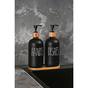 2’li Hands Dishes Soft Siyah Dekoratif Mutfak Banyo Sıvı Cam Sabunluk Seti 500ml Bambu Stantlı Set