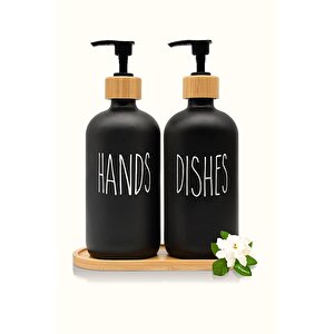 2’li Hands Dishes Soft Siyah Dekoratif Mutfak Banyo Sıvı Cam Sabunluk Seti 500ml Bambu Stantlı Set