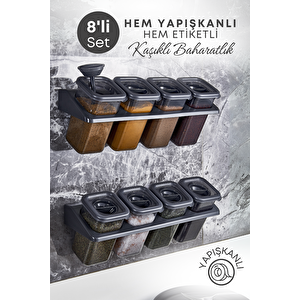 8 Li Etiketli Standlı Kilitli Kaşıklı Kendinden Yapışkanlı Kare Baharatlık Takımı 400 Ml-füme
