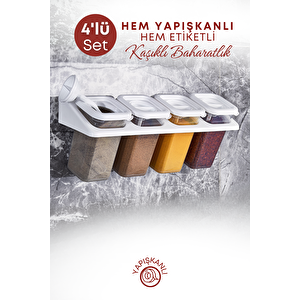 4'lü Etiketli Standlı Kilitli Kaşıklı Kendinden Yapışkanlı Kare Baharatlık Takımı 400 Ml-beyaz