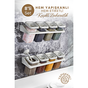 8 Li Etiketli Standlı Kilitli Kaşıklı Kendinden Yapışkanlı Kare Baharatlık Takımı 400 Ml-bej