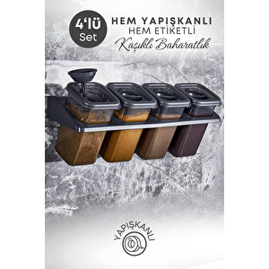 4'lü Etiketli Standlı Kilitli Kaşıklı Kendinden Yapışkanlı Kare Baharatlık Takımı 400 Ml-füme