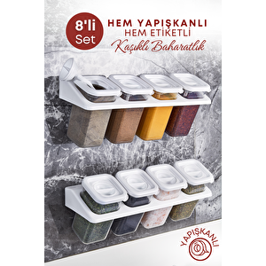 8 Li Etiketli Standlı Kilitli Kaşıklı Kendinden Yapışkanlı Kare Baharatlık Takımı 400 Ml-beyaz