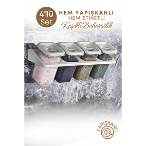 4'lü Etiketli Standlı Kilitli Kaşıklı Kendinden Yapışkanlı Kare Baharatlık Takımı 400 Ml-bej