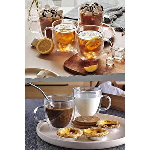 Çift Camlı Çift Cidarlı Cam Kupa 250 Ml Ev Ofis Fincanı Çift Katlı Isı Yalıtımlı Kulplu Cam Bardak