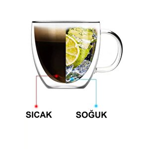 Çift Camlı Çift Cidarlı Cam Kupa 250 Ml Ev Ofis Fincanı Çift Katlı Isı Yalıtımlı Kulplu Cam Bardak