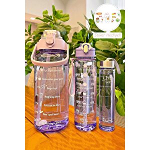 3lü Şeffaf Motivasyon Kokusuz Stickerlı Spor Suluk Matara Pipetli Taşınabilir Su Şişesi Soft Purple