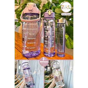 3lü Şeffaf Motivasyon Kokusuz Stickerlı Spor Suluk Matara Pipetli Taşınabilir Su Şişesi Soft Purple