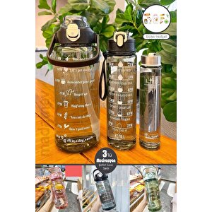 3lü Motivasyonel Su Matarası Kokusuz Figürlü Suluk Sporcu Matara Pipetli Soft Black Su Şişesi Seti