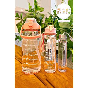 3'lü Motivasyon Kokusuz Stickerlı Spor Suluk Matara Pipetli Taşınabilir Soft Orange Su Şişesi Seti
