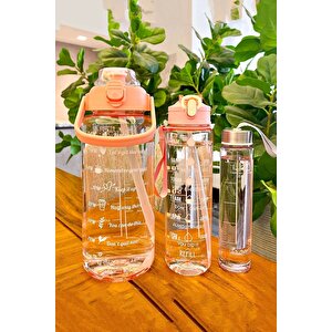 3'lü Motivasyon Kokusuz Stickerlı Spor Suluk Matara Pipetli Taşınabilir Soft Orange Su Şişesi Seti