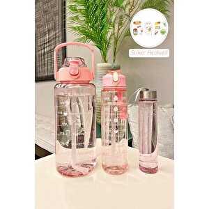 3'lü Şeffaf Motivasyonel Su Matarası Sporcu Su Şişesi Stickerlı Soft Pink Taşınabilir Suluk Seti
