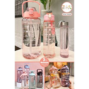 3'lü Şeffaf Motivasyonel Su Matarası Sporcu Su Şişesi Stickerlı Soft Pink Taşınabilir Suluk Seti