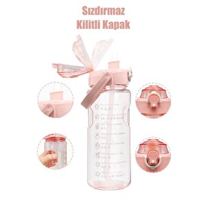 3'lü Şeffaf Motivasyonel Su Matarası Sporcu Su Şişesi Stickerlı Soft Pink Taşınabilir Suluk Seti